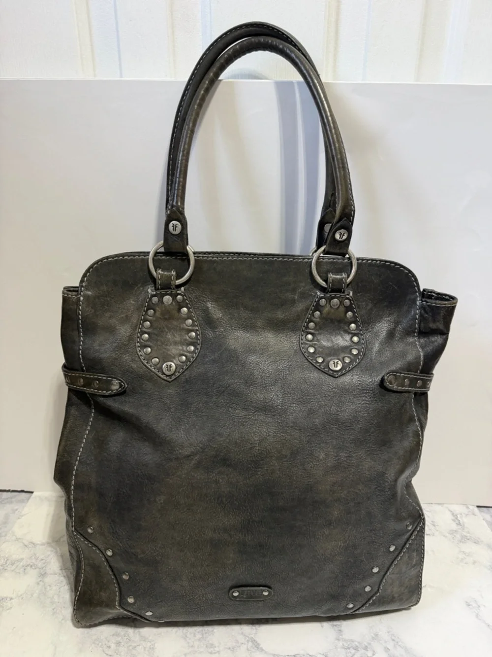 Frye Melissa rustic distressed black leather silver studded moto large tote bag - Picture 2 of 13